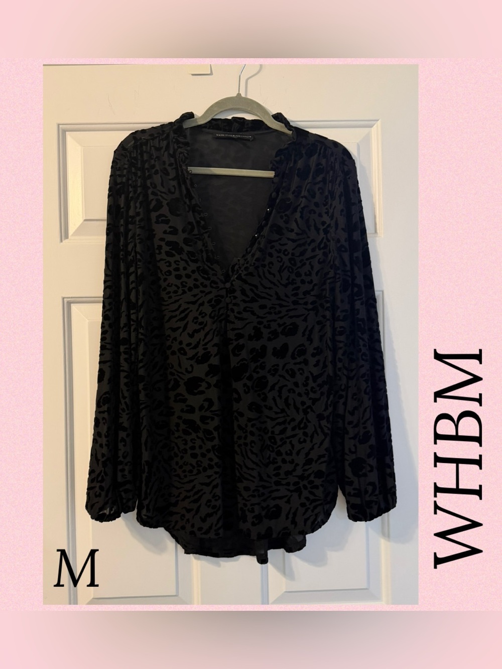 White House Black Market Black Velvet Burnout Animal Print V-Neck Blouse